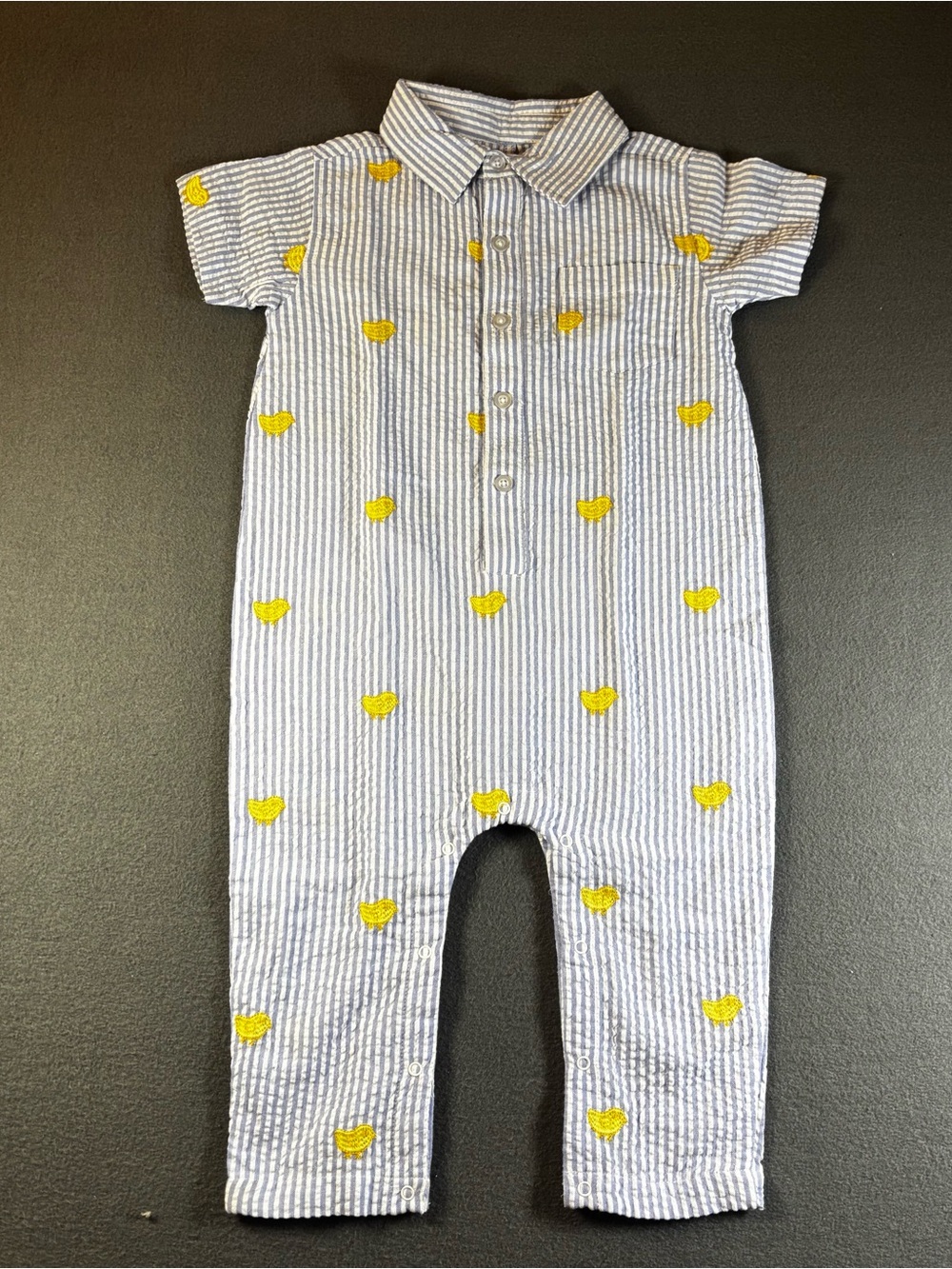 Monica + Andy blue striped romper with yellow lemon embroidery Size 2T